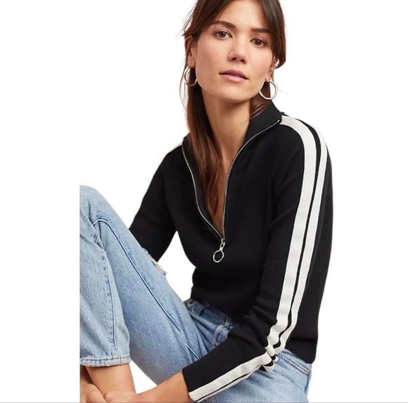 Moth Anthropologie Women's Medium Black Long Sleeves Sweater 1/4 Zip Mock Neck - Picture 1 of 10